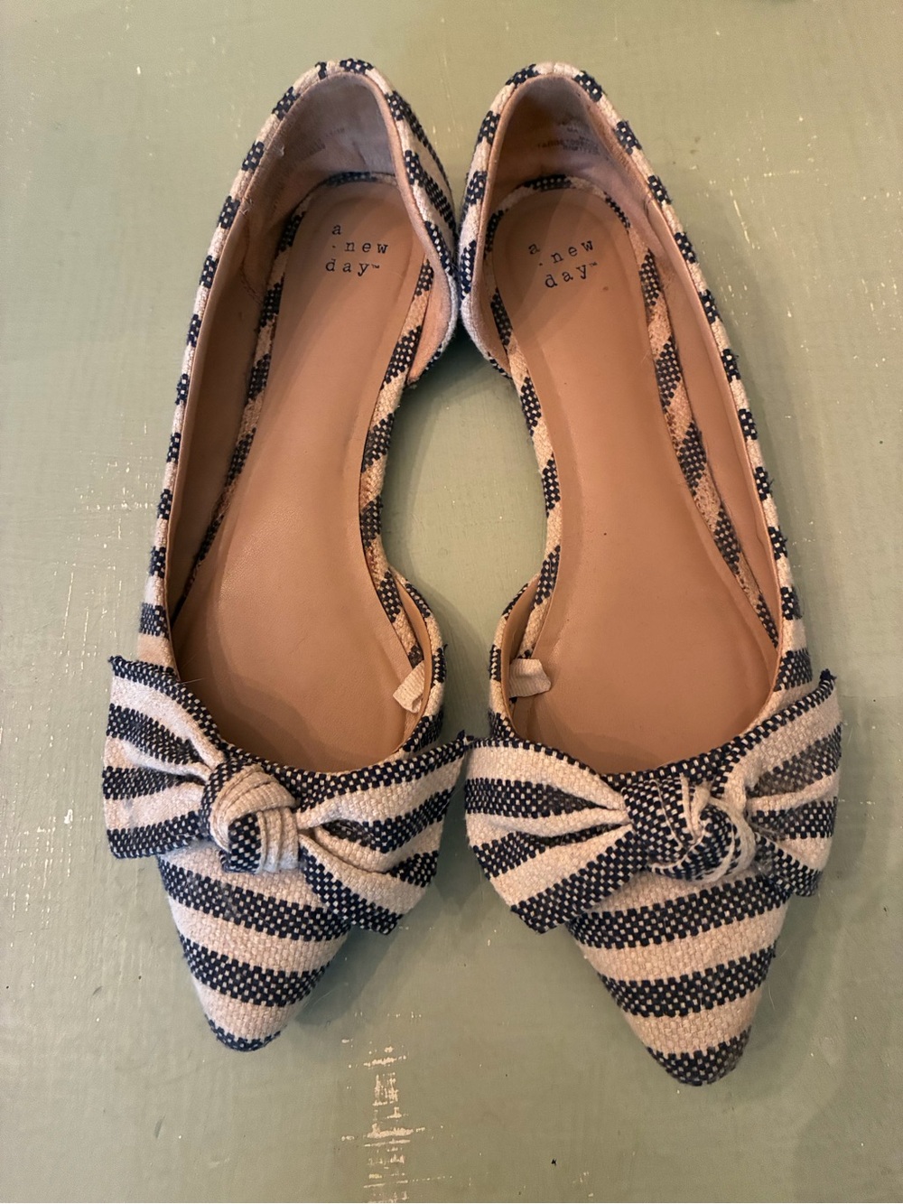 A New Day Blue and White Striped Pointed Toe Bow Flats Size 10